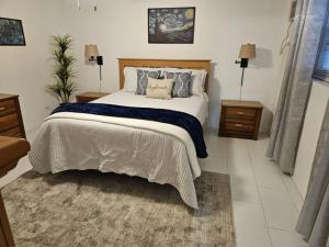 1 dormitorio con 1 cama grande y 2 mesitas de noche en Calypso Steps Away From Home, en Hinson Hall