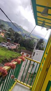 a view from the balcony of a building with flowers at apartamento vacacional Salento Quindío in La Alameda