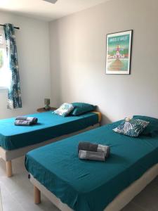 - 2 lits dans une chambre avec des draps bleus dans l'établissement L'albizia, à Les Anses-d'Arlet