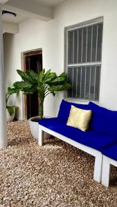 a blue couch in a room with a potted plant at Hanaia House in Stone Town