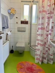 a bathroom with a toilet and a shower curtain at Casa Pippi Lotta in Gießen
