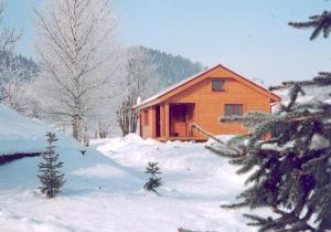 una cabina nella neve con gli alberi di fronte di chata Pohoda, chata Kvítek, chata Western 