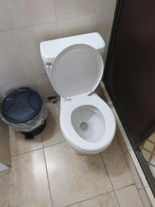 een badkamer met een toilet en een vuilnisbak bij Hotel Canarias Paso Canoas in Canoas