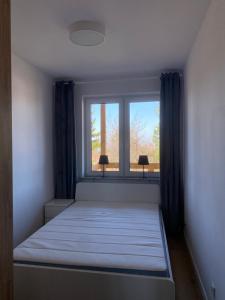 カルパチにあるPrzytulny Zakątek Karkonoszyのベッドルーム1室(ベッド1台付)、窓(ランプ2つ付)