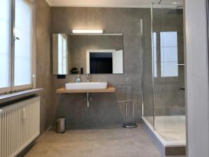 a bathroom with a sink and a shower at Ferienwohnung Lindauer Löwe in Lindau