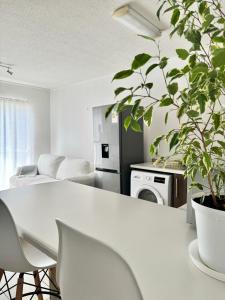 un soggiorno con tavolo bianco e pianta di City Centre Apartment in Windhoek a Windhoek