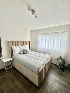 a bedroom with a large bed with a window at City Centre Apartment in Windhoek in Windhoek