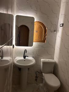 ein Badezimmer mit einem Waschbecken, einem WC und einem Spiegel in der Unterkunft Tokyo house in Dahab