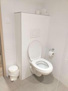 une salle de bains blanche avec des toilettes et un distributeur de papier toilette dans l'établissement Brit Hotel Essentiel de Granville, à Granville