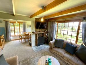 a living room with a couch and a fireplace at The Hedge at Dullstroom Cottage in Dullstroom