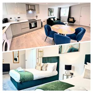 una cucina e un soggiorno con letto e tavolo di Heathrow Charge and Go-FREE PARKING-Electric vehicle charging- Near Heathrow airport 5 min drive- 20 min drive Central London a Stanwell