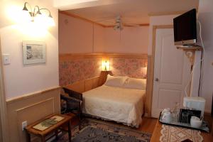 a small bedroom with a bed and a tv at Auberge des Cévennes in LʼAnse-Saint-Jean
