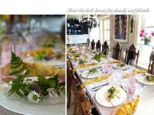a long table with plates of food and flowers at Villa Solvorn in Solvorn +53 photos