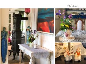 un collage di foto di una stanza con tavolo e fiori di Villa Solvorn a Solvorn