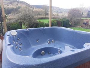 a blue bath tub sitting in front of a window at Eagles View in Llanrwst