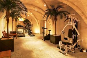 a gym with three exercise bikes and palm trees at Grand Hotel Casselbergh in Bruges