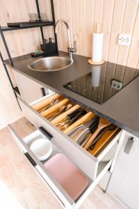 a kitchen with a sink and a counter at Silazari Klapkalnciems in Klapkalnciems