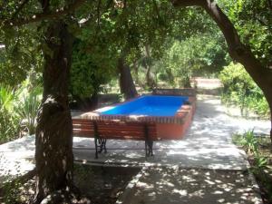 a bench sitting under a tree next to a swimming pool at Casa de Campo histórica el ñango in San Martín