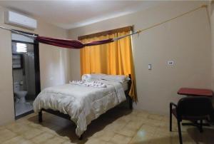 ein Schlafzimmer mit einem Bett in einem Zimmer mit einem Fenster in der Unterkunft Arnold's Guest House in San Ignacio