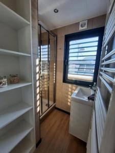 baño con lavabo, ventana y espejo en Hausboot Marama - LP10 en Peenemünde
