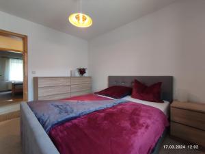 a bedroom with a large bed with a purple blanket at Ferienhaus Schreinert in Breitenbrunn