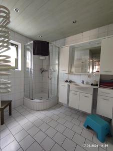 La salle de bains est pourvue d'une douche, d'un lavabo et d'une baignoire. dans l'établissement Ferienhaus Schreinert, à Breitenbrunn/Erzgeb.