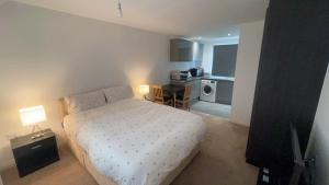 ein kleines Schlafzimmer mit einem Bett und einer Küche in der Unterkunft Apartment suites in Broughton, Milton keynes in Broughton