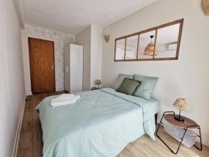 ein Schlafzimmer mit einem großen Bett und einem Spiegel in der Unterkunft Appart'Cosy - clim - terrasse - ascenseur in Cavaillon