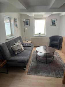 ein Wohnzimmer mit einem Sofa und einem Tisch in der Unterkunft Gemütliche Ferienwohnung im Altbau in Goslar
