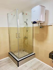 a shower with a glass enclosure in a bathroom at Vans Haven in Curepipe