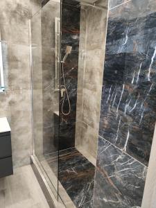 a shower with a glass door in a bathroom at Villa Eleven in Gdynia