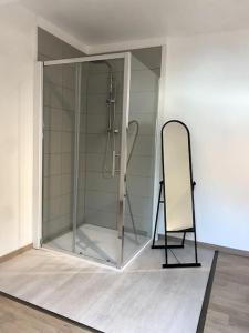 a glass shower stall with a mirror in a room at Maison de ville des Bernardines in Orgelet