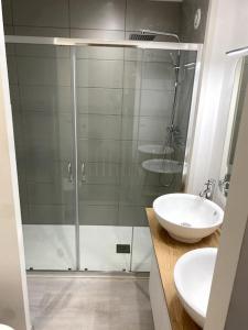 La salle de bains est pourvue d'une douche en verre et d'un lavabo. dans l'établissement Maison de ville des Bernardines, à Orgelet