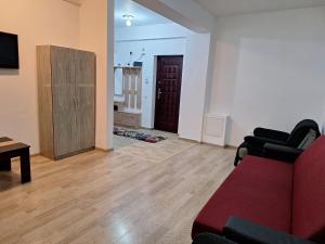 - un salon avec un canapé rouge et du parquet dans l'établissement Cazare Regim Hotelier apartament 2 camere Militari, à Roşu