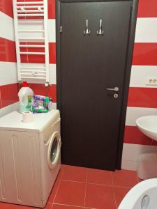 La salle de bains est pourvue d'une porte noire et d'un lave-linge. dans l'établissement Cazare Regim Hotelier apartament 2 camere Militari, à Roşu