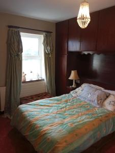 a bedroom with a bed and a window and a chandelier at Hardwood Hall in Kinnegad