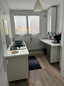 una cucina con banconi bianchi e lavandino e due finestre di F2 Vernon 65 a Vernon