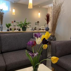 a vase of flowers on a table in a living room at Vila Dunavski Raj in Golubac