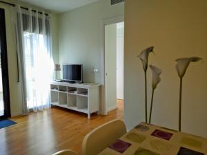 uma sala de estar com uma mesa e uma televisão e uma mesa em Apartamento Lliris Sol em L'Estartit