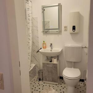a bathroom with a toilet and a sink at Gemütliche Appartement in Bad Oeynhausen +5 photos