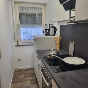 a small kitchen with a stove and a sink at Gemütliche Appartement in Bad Oeynhausen