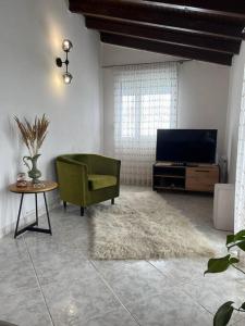 uma sala de estar com uma cadeira verde e uma televisão em The penthouse em Maniákoi