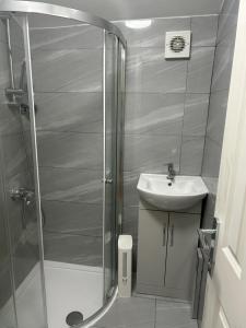 ein Bad mit einer Dusche und einem Waschbecken in der Unterkunft London Holiday Home in London