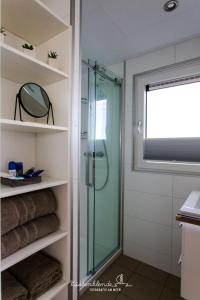a shower in a bathroom with a glass shower stall at Hausboot Dory in Ribnitz-Damgarten