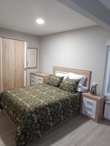 - une chambre dotée d'un lit avec un couvre-lit floral dans l'établissement excelente ubicado y amueblado, à León