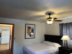 a bedroom with a bed and a ceiling fan at Entire apartment close to downtown - 2 queen beds in Springfield