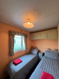 a bedroom with two beds and a window at Light and Airy 2 Bedroom Mobile Home in Aberystwyth