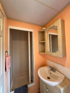a bathroom with a sink and a shower at Light and Airy 2 Bedroom Mobile Home in Aberystwyth