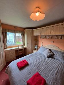 a bedroom with a large bed with red pillows on it at Light and Airy 2 Bedroom Mobile Home in Aberystwyth