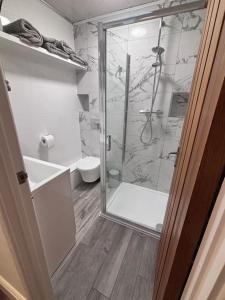 a bathroom with a shower and a sink and a toilet at Priory park view in Southend-on-Sea